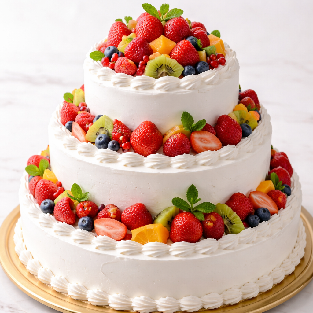 フルーツたっぷりの3段のデコレーションケーキ