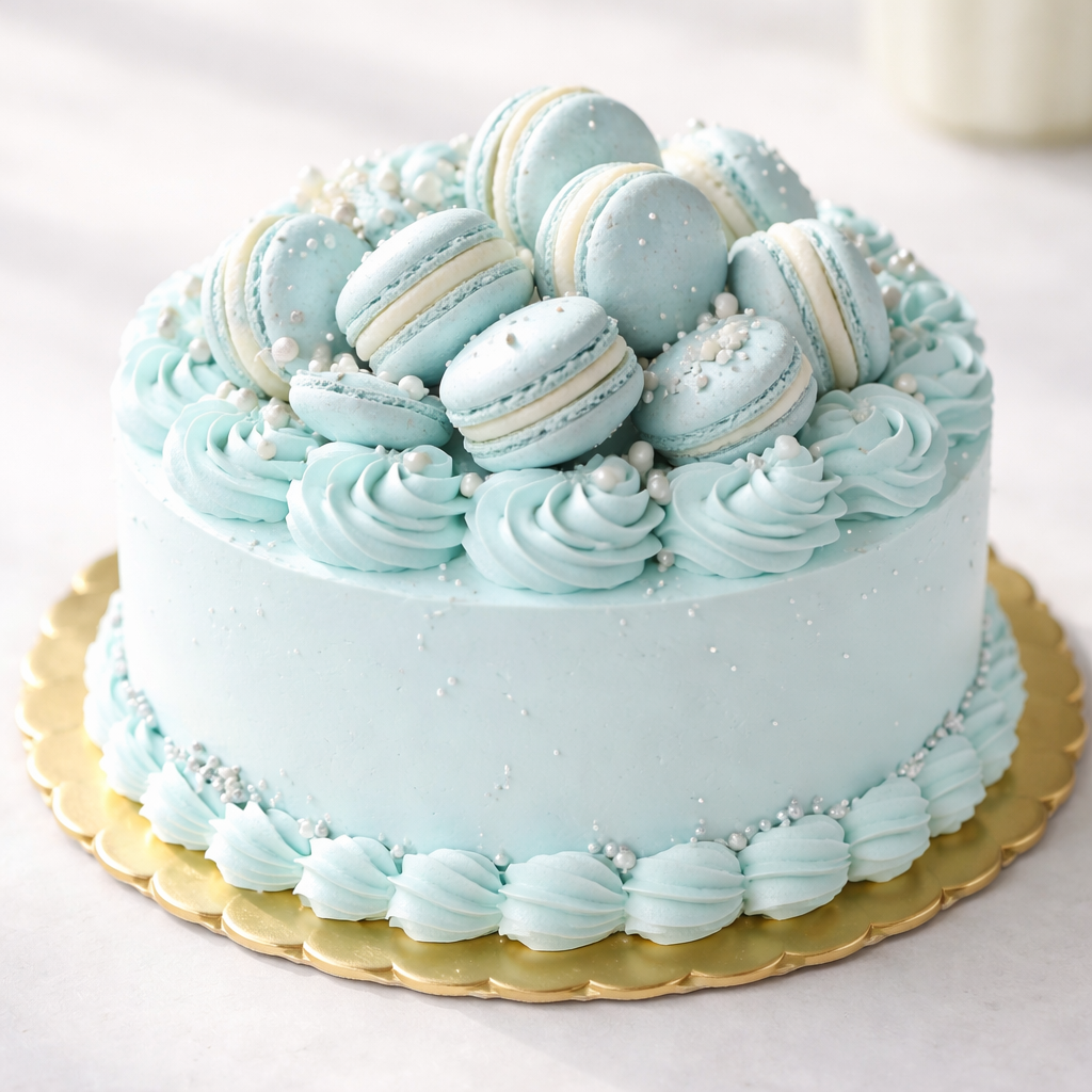 水色生クリームで、水色のマカロンのたっぷりのったデコレーションケーキ