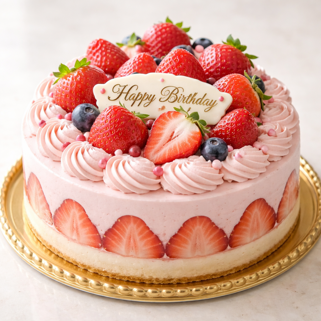 誕生日に食べるピンク色の苺がいっぱいの4人用ケーキ