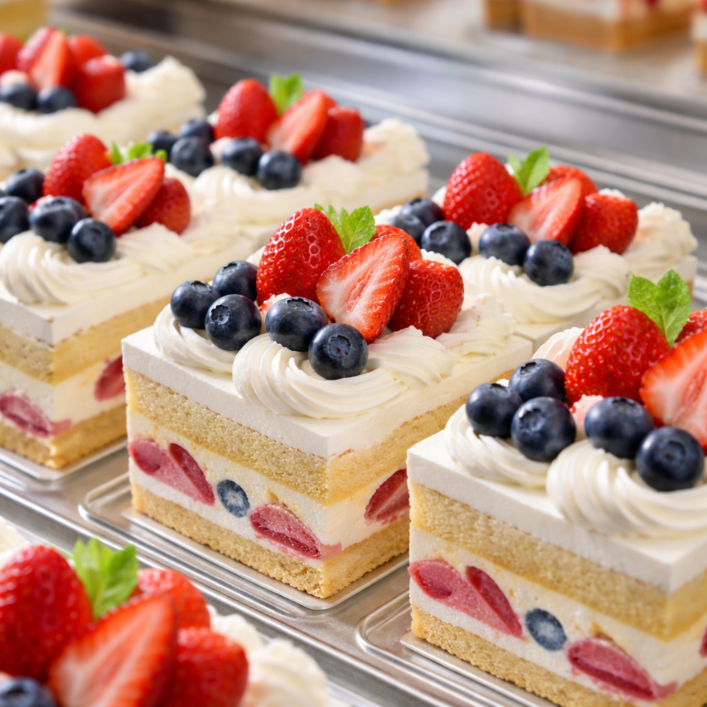 ブルーベリーと苺を並べたケーキ