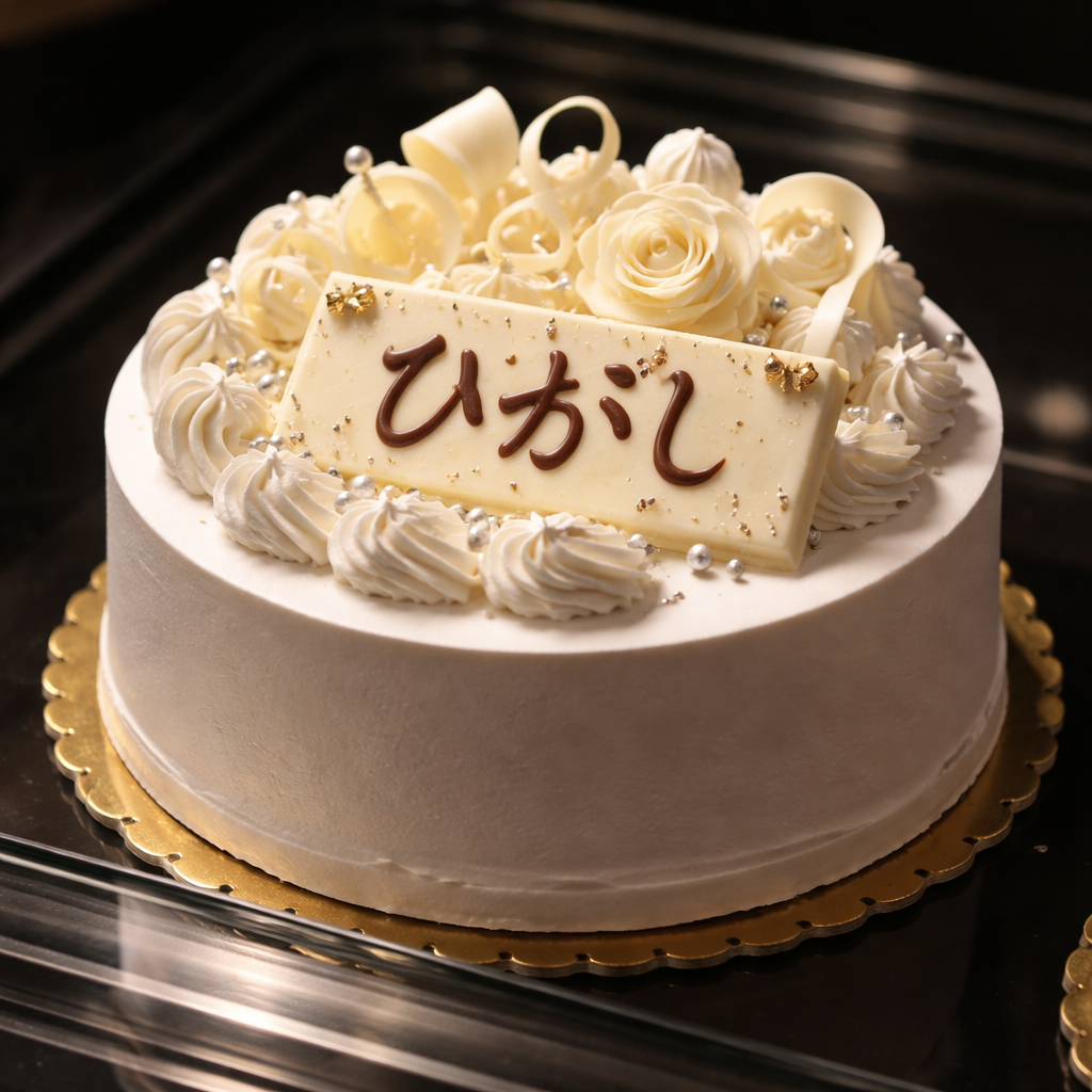 誕生日ケーキ　フルーツ無し　　暗いイメージ　メッセージプレートに漢字で大きくひがし