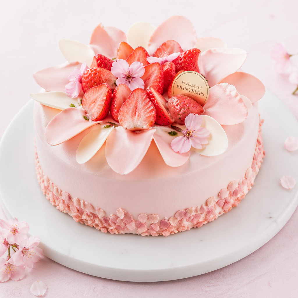 春らしい雰囲気の、桜といちごを使った上品なホールケーキ。淡いピンクと白を基調にして、花びらのようなデコレーションで、洋菓子店の新作メニュー写真のように美しく。