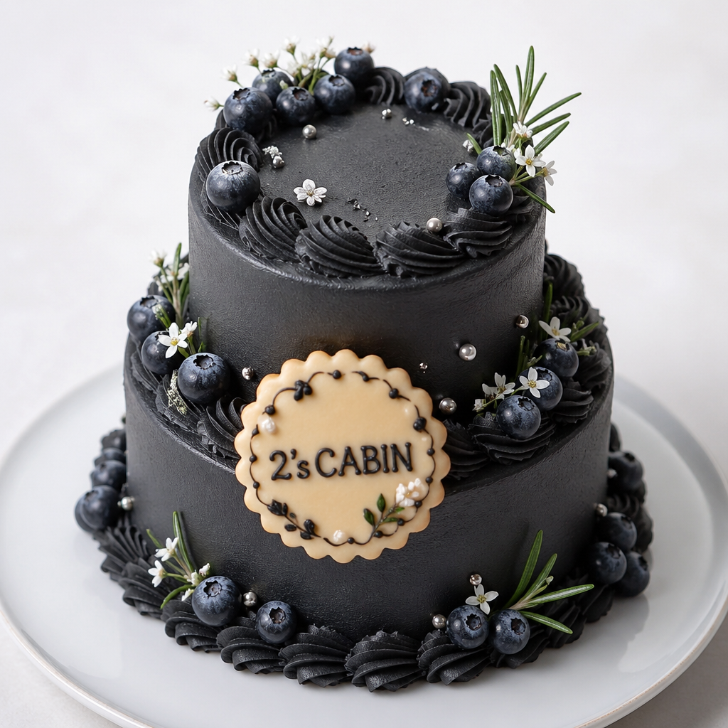黒い生クリーム 二段ケーキ     アイシングクッキーに2'sCABINって書いてある