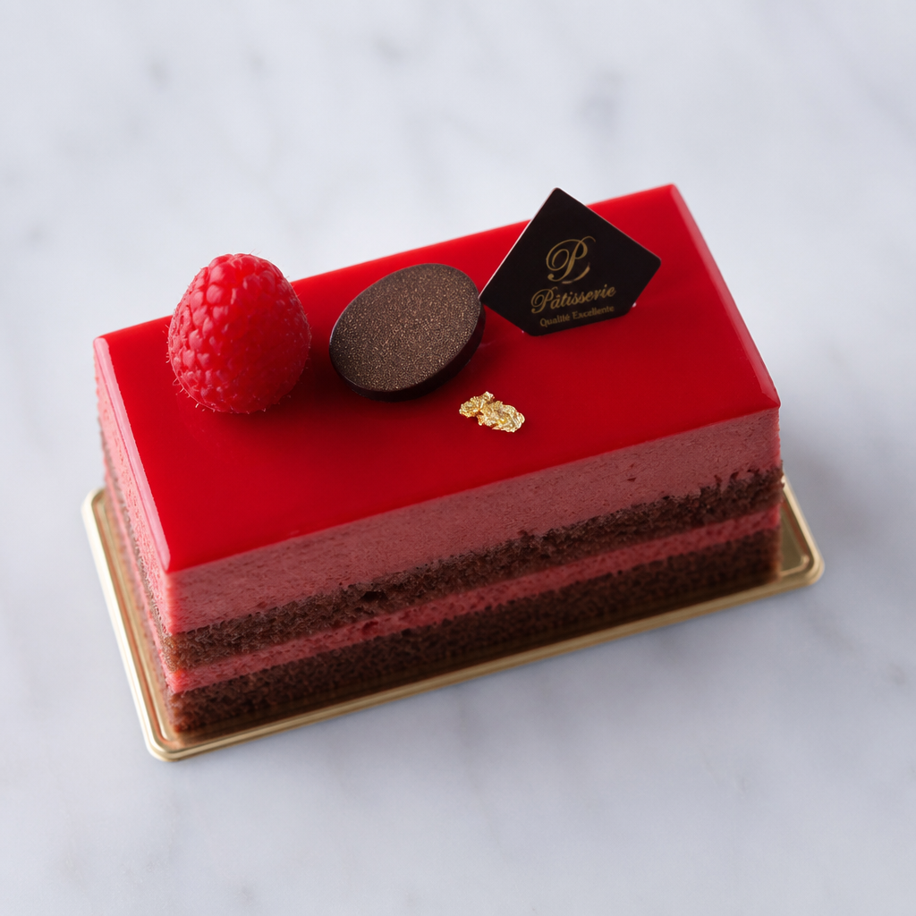 フランボワーズムース　表面赤い　2層のチョコスポンジ　デコレーション　スクエア