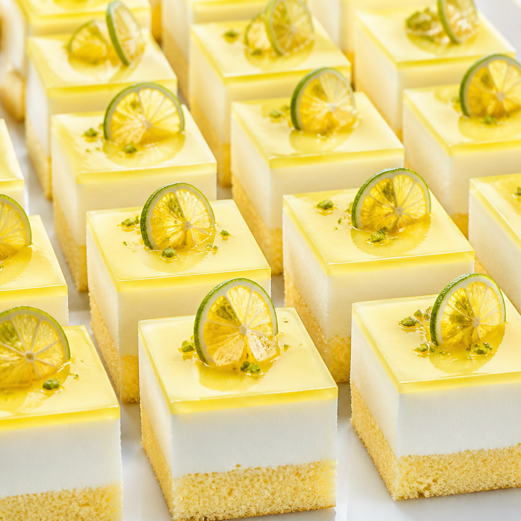 表面黄色　薄いナパージュ　真ん中ムース白　　カットケーキ　スクエア　スポンジ一層分厚く　ビュッフェ風　たくさん並べる　シークワーサー