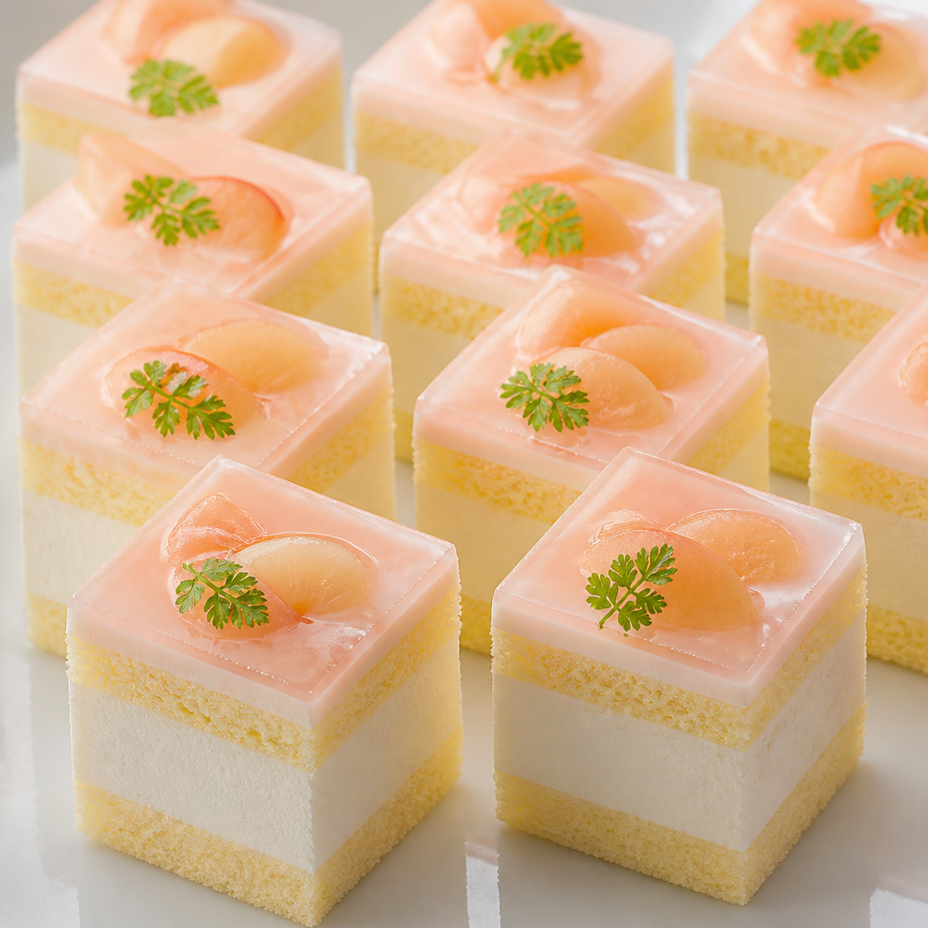 表面ピンク　桃　薄いナパージュ　真ん中ムース白2層分厚く　　カットケーキ　スクエア　スポンジ２層分厚く　ふわふわ　ビュッフェ風　たくさん並べる　ムース内　果肉無し