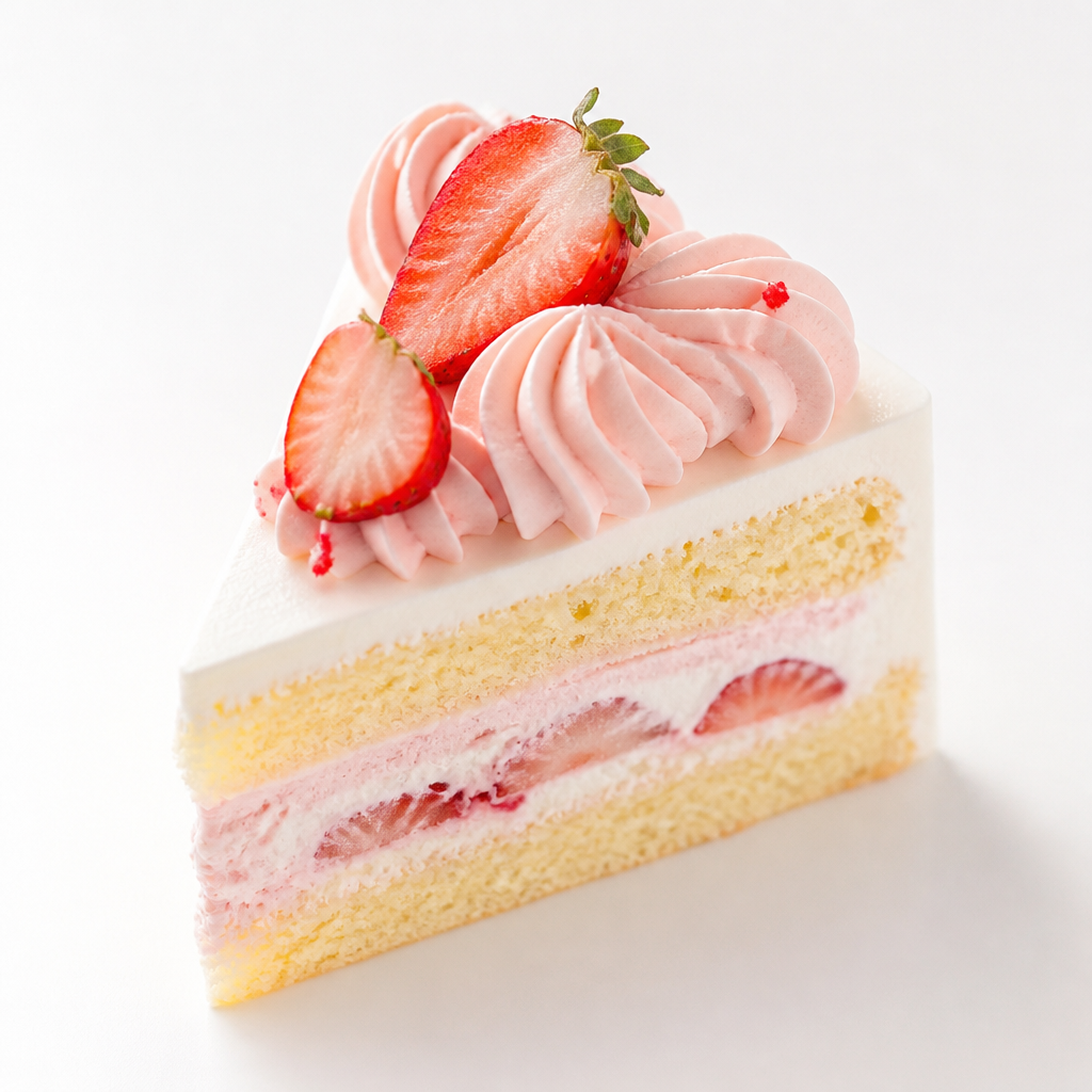 淡いピンクのクリームと小さないちごを飾った春らしいショートケーキ
