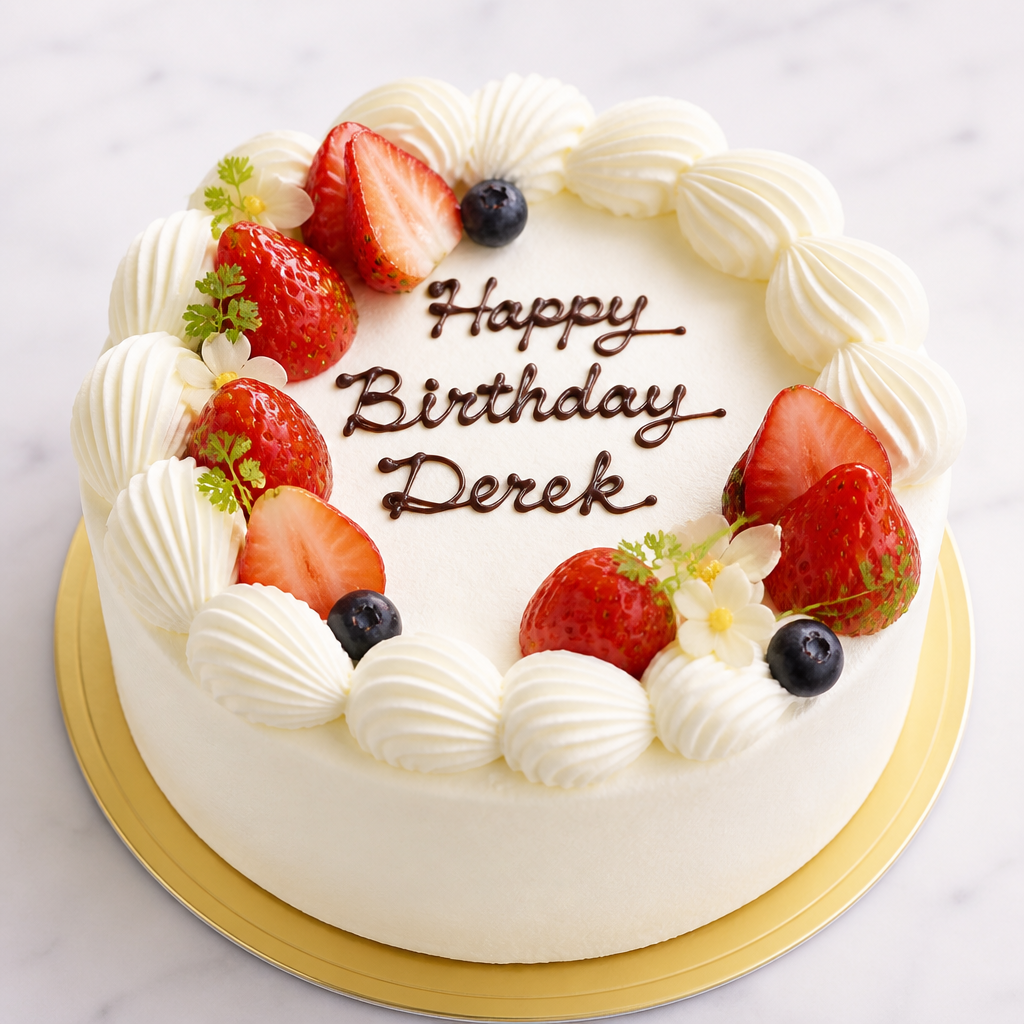 Happy Birthday Derekという文字が書かれた誕生日ケーキ