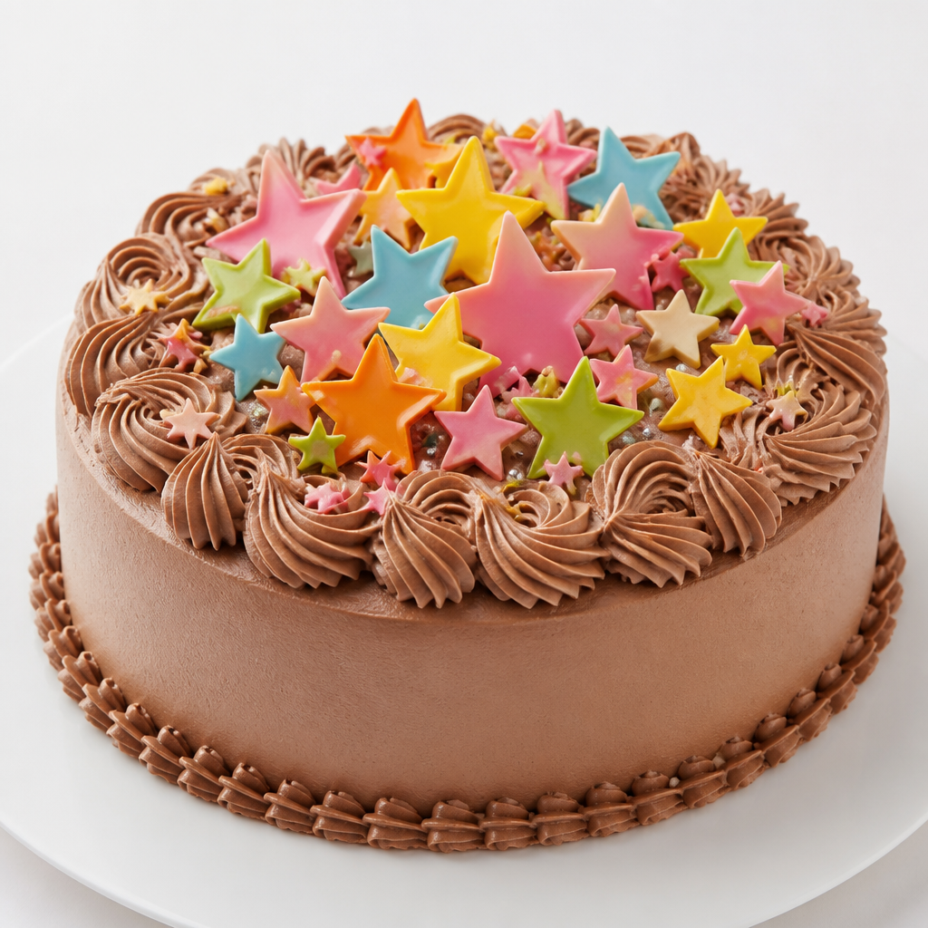 カラフルな星のチョコレートがたくさん飾られたチョコクリームケーキ
