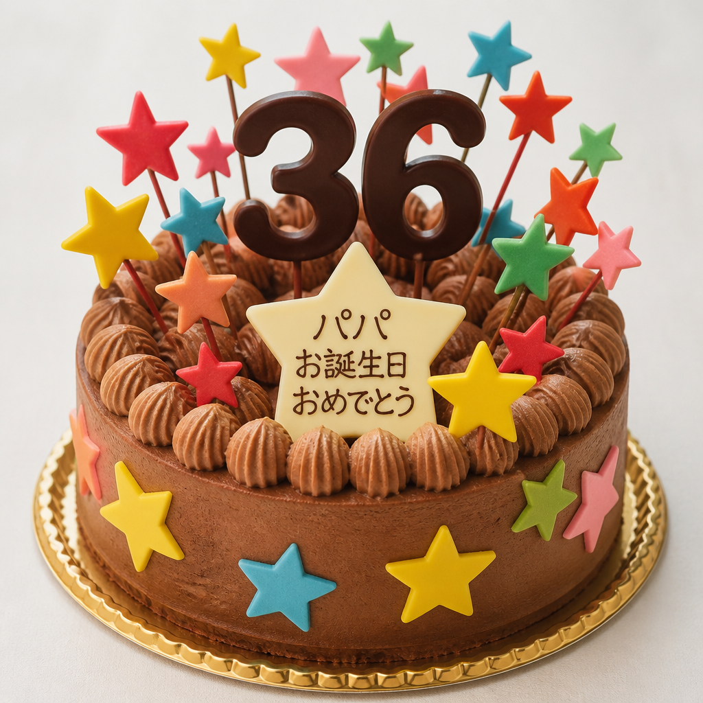数字チョコレート36をセンターにたてて飾ってそのまわりにカラフルな星のチョコレートたくさんさして飾ってケーキのサイドにもカラフルな星をはりつけてデコレーションして、パパお誕生日おめでとうの星チョコメッセージプレートを飾ったチョコクリームケーキ