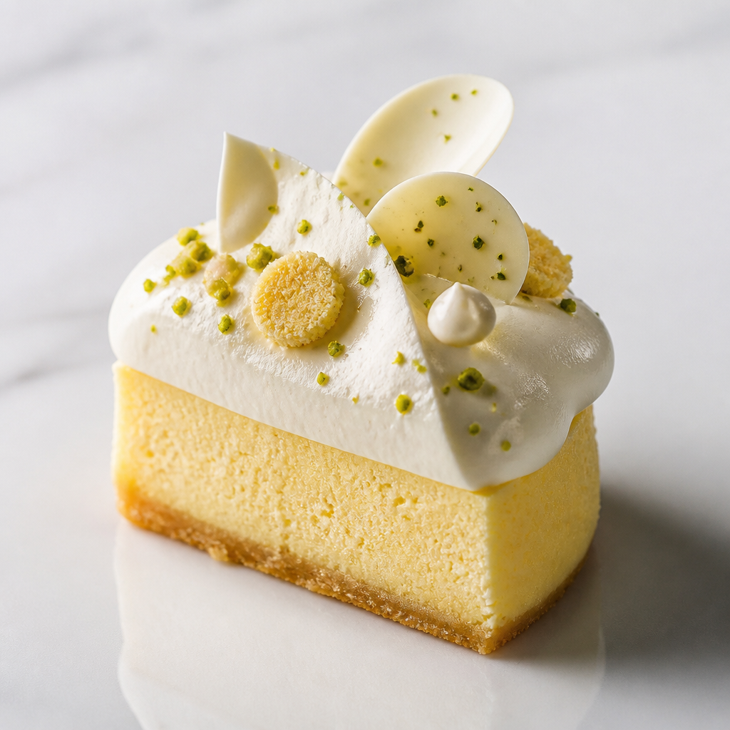 今まで食べたこと無いようなチーズケーキ。上には何かクリームが乗っている感じ