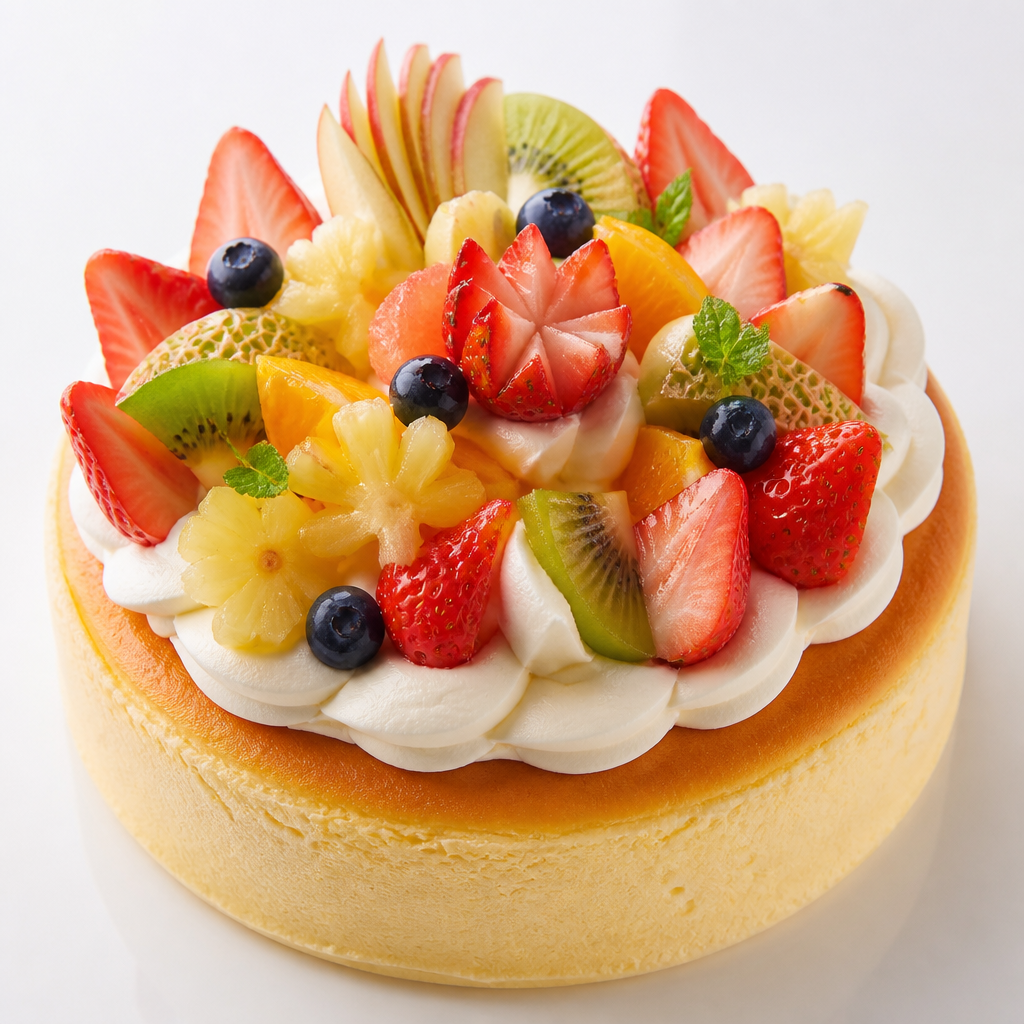 ふわふわのスフレチーズケーキに、生クリーム乗せてたくさんのフルーツ乗せて欲しい。フルーツは、可愛くカットしてもらいたい。