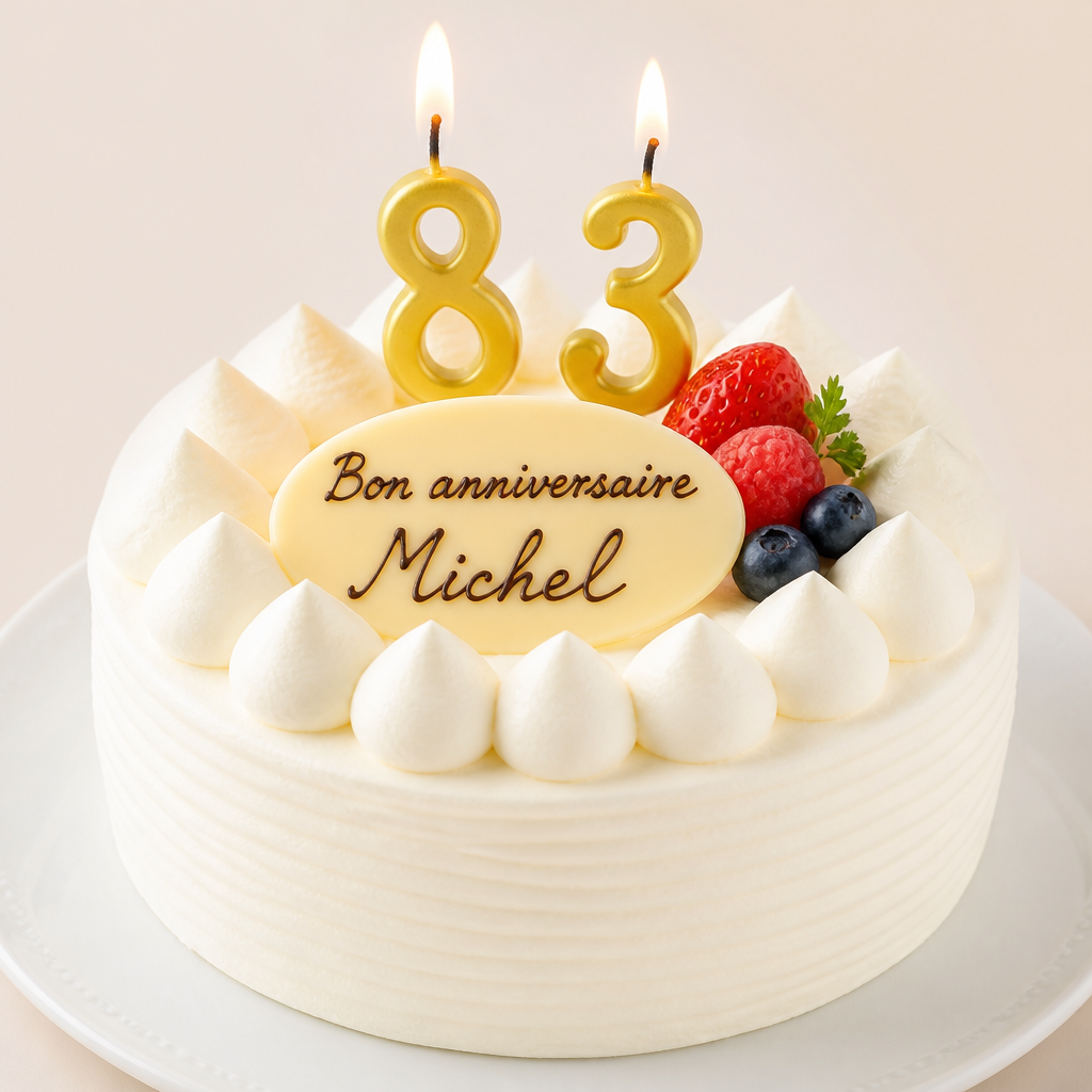 丸いケーキ
全体は白いクリーム
フルーツを少しだけ
8と3の数字のキャンドル
Bon anniversaire Michel　のプレート