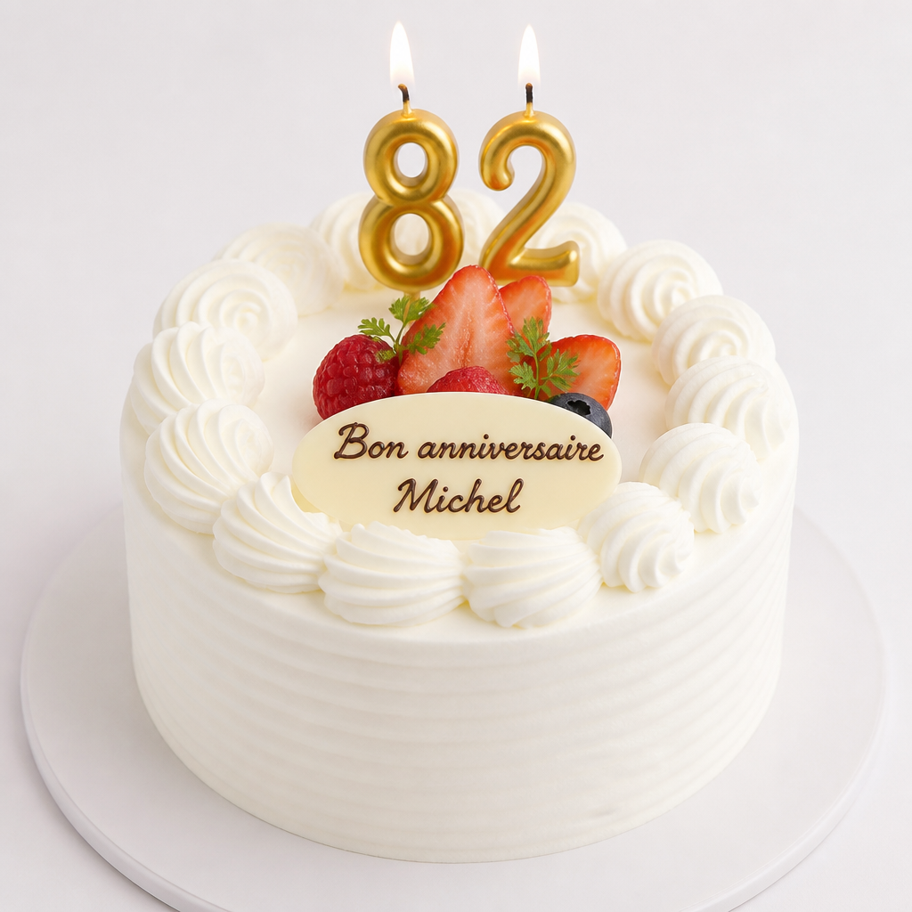 丸いケーキ 全体は白いクリーム フルーツを少しだけ 8と2の数字の金色キャンドル Bon anniversaire Michel　の楕円形プレート
5つ前のデザイン
トレイは白