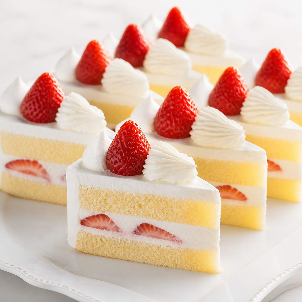 ショートケーキ　ホテル　イチゴ　皿プレート　高級　ふわふわ　きめ細かい　何個も　並べる