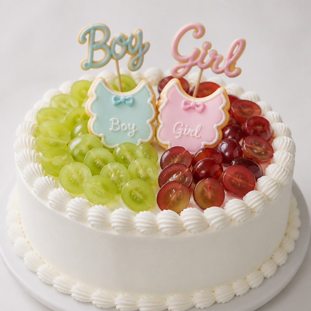 ジェンダーリビールケーキ
生クリームで縁にシェル絞り
半分にシャインマスカット1/2〜1/4カット、もう半分にクイーンルージュを1/2〜1/4カット
アイシングクッキーで男女のスタイを1枚ずつ、後ろにアイシングで作ったboy girlの棒クッキー