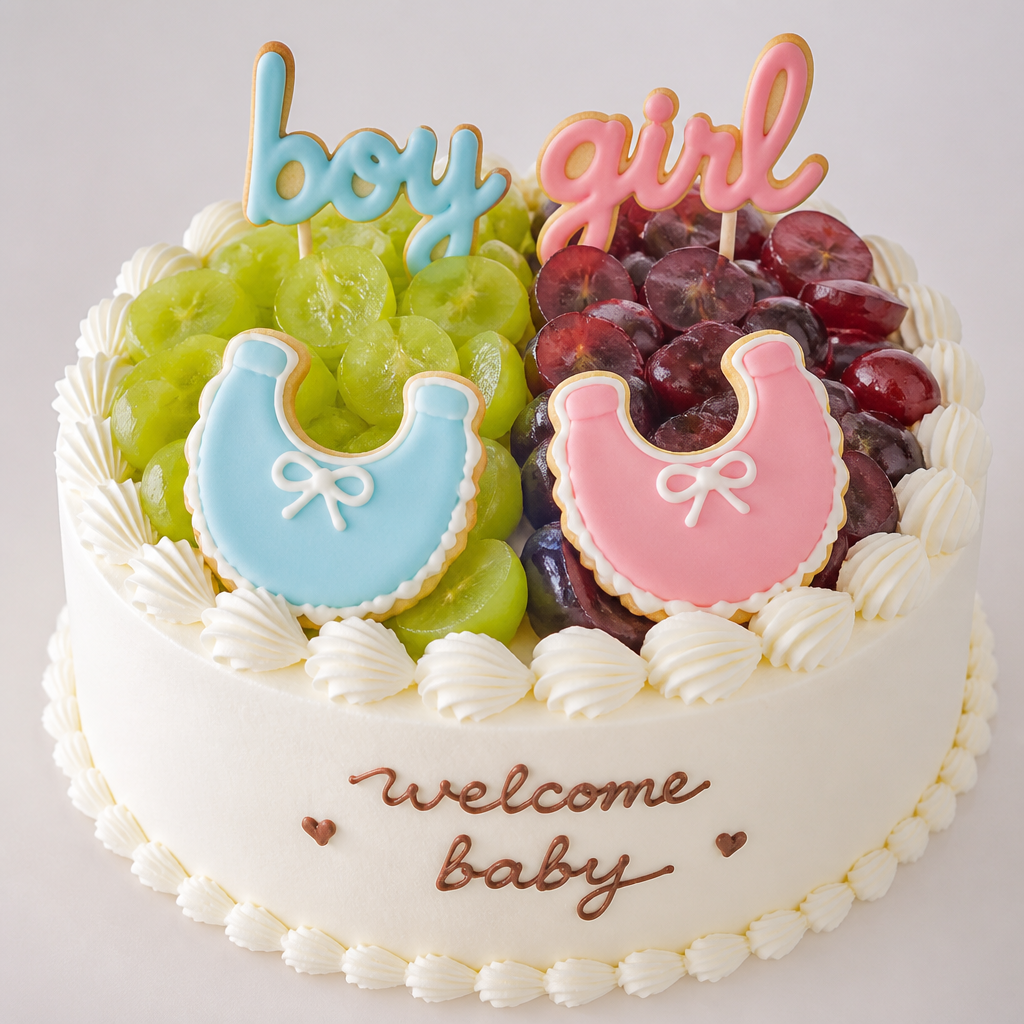 17cmのシフォンケーキのジェンダーリビールケーキ
生クリームで縁にシェル絞り
上半分にシャインマスカット1/2〜1/4カット、もう半分にクイーンルージュを1/2〜1/4カット
アイシングクッキーで男女のスタイを1枚ずつ、後ろにアイシングで作ったboy girlの棒クッキー
真ん中から下にwelcome baby