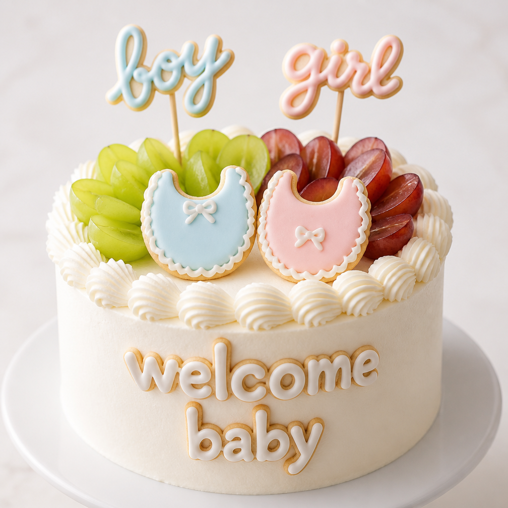 17cmのシフォンケーキのジェンダーリビールケーキ
生クリームで縁にシェル絞り
上半分に5〜６個シャインマスカット1/2〜1/4カット、となりに5〜６個クイーンルージュを1/2〜1/4カット
アイシングクッキーで男女のスタイを1枚ずつ、後ろにアイシングで作ったboy girlの棒クッキー
真ん中から下にアイシングクッキーでwelcome baby