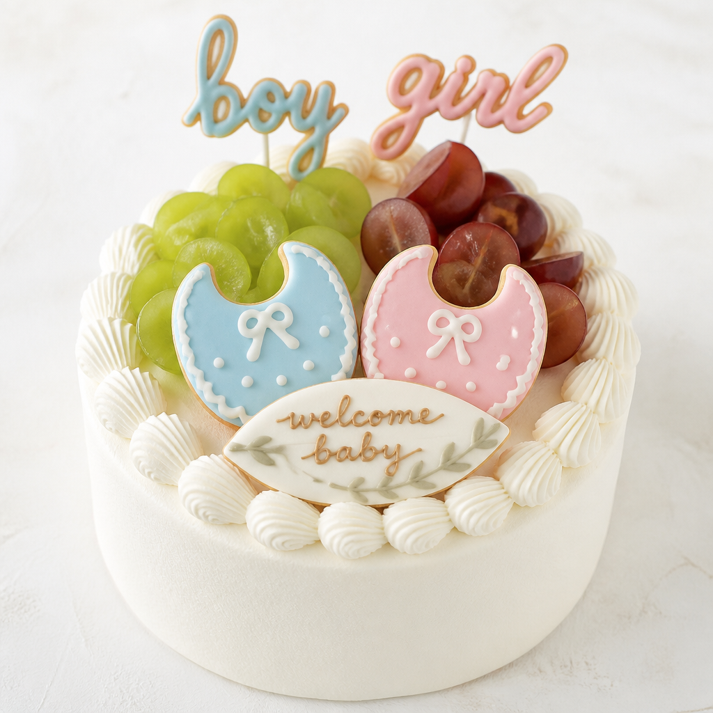 17cmのシフォンケーキのジェンダーリビールケーキ
生クリームで縁にシェル絞り
上半分に5〜６個シャインマスカット1/2〜1/4カット、となりに5〜６個クイーンルージュを1/2〜1/4カット
アイシングクッキーで男女のスタイを1枚ずつ、後ろにアイシングで作ったboy girlの棒クッキー
残りの下半分に葉っぱ型のアイシングクッキーでwelcome baby