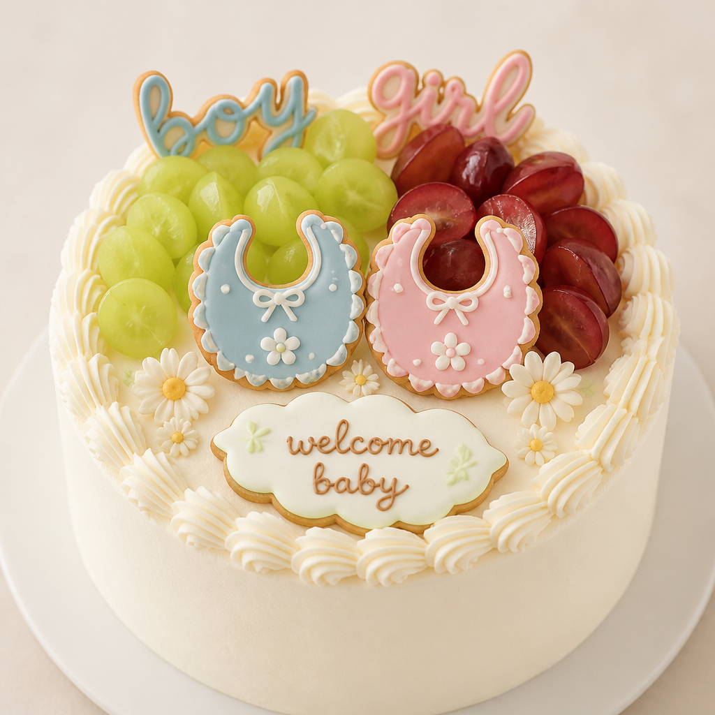 17cmのシフォンケーキのジェンダーリビールケーキ
生クリームで縁にシェル絞り
上半分に5〜６個シャインマスカット1/2〜1/4カット、となりに5〜６個クイーンルージュを1/2〜1/4カット
アイシングクッキーで男女のスタイを1枚ずつ、後ろにアイシングで作ったboy girlの棒クッキー
残りの下半分に葉っぱ型のアイシングクッキーでwelcome baby
周りにアイシングで作った小さいデイジーを数個散らす