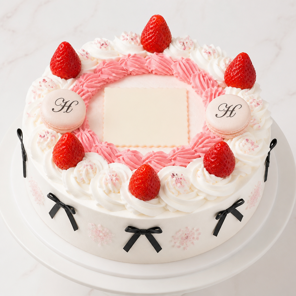 推し活用のケーキで、土台は白、クリームは2周、外側が白、内側がピンク。ケーキの側面には黒の細いリボンが等間隔で貼り付けてある。(黒リボンがあるのは、ケーキの側面だけ。)いちごは、側面で言う黒リボンがないスペースに、白クリームの上に等間隔でおいてほしい。側面のリボンと、ケーキの上にあるいちごの位置が互い違いになるような感じで。どこでもいいから、馴染む位置にマカロンを乗せてほしい。置き方は、縦に置くんじゃなくて、横向きでおいてほしい。(マカロンには、黒でアルファベットの筆記体でHと書いてほしい。)(色はピンクか白。)マカロンは対称の位置に2個。真ん中に、アクスタを乗せる四角いスペースが欲しい。仮決定で、その位置にチョコプレートを乗せてほしいな。側面のリボンが無い位置は、ビーズのようなキラキラした飾りをふりかけてほしい。(ピンク)