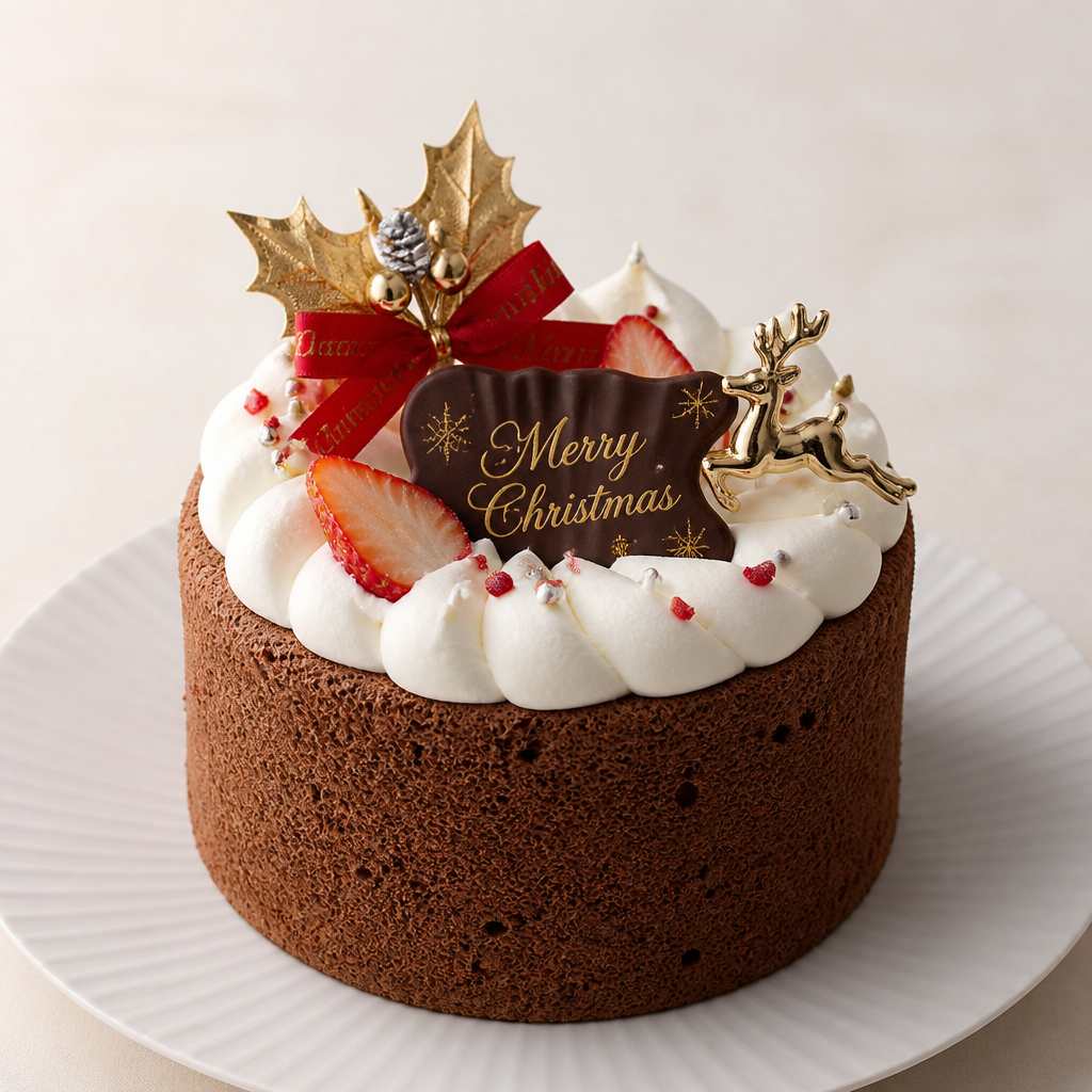 チョコシフォンケーキを土台にしてクリスマスデザイン都内のカフェみたいなシンプル方めっちゃオシャレフルーツはいちごをちょっとだけ使えるリボンとか使ってもいい