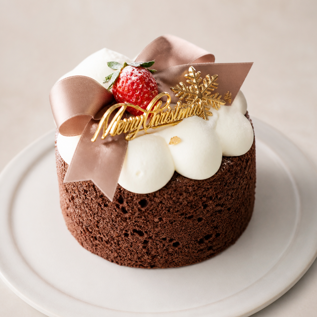 チョコシフォンケーキを土台にしてクリスマスデザイン都内のカフェみたいなシンプル方めっちゃオシャレフルーツはいちごをちょっとだけ使えるリボンとか使ってもいい韓国風の真新しいかんじでクリームとか使って