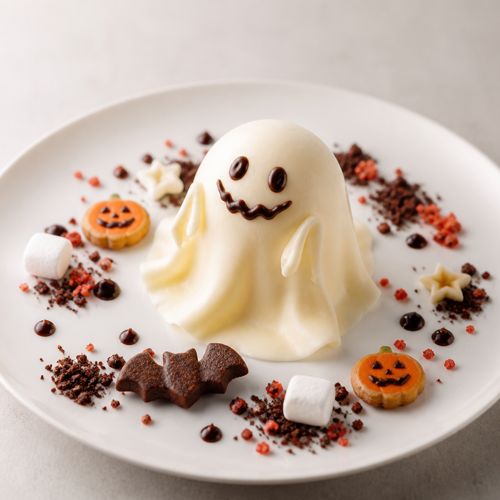 ハロウィンのお化けプレートで丸いシンプルなお皿にアイスを牛皮でお化けの形にしたスイーツを載せてお皿の余白に小さなクッキーとかマシュマロとかココアクッキーを砕いたやつとか他にも簡単に作れてハロウィン感が出るプレート