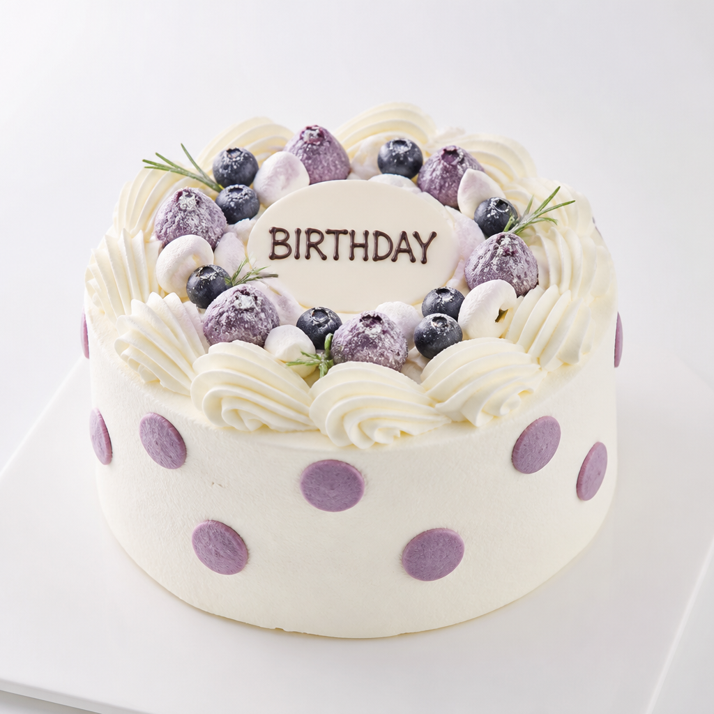 回りは白いクリームに紫色のドットの丸いBIRTHDAYケーキ